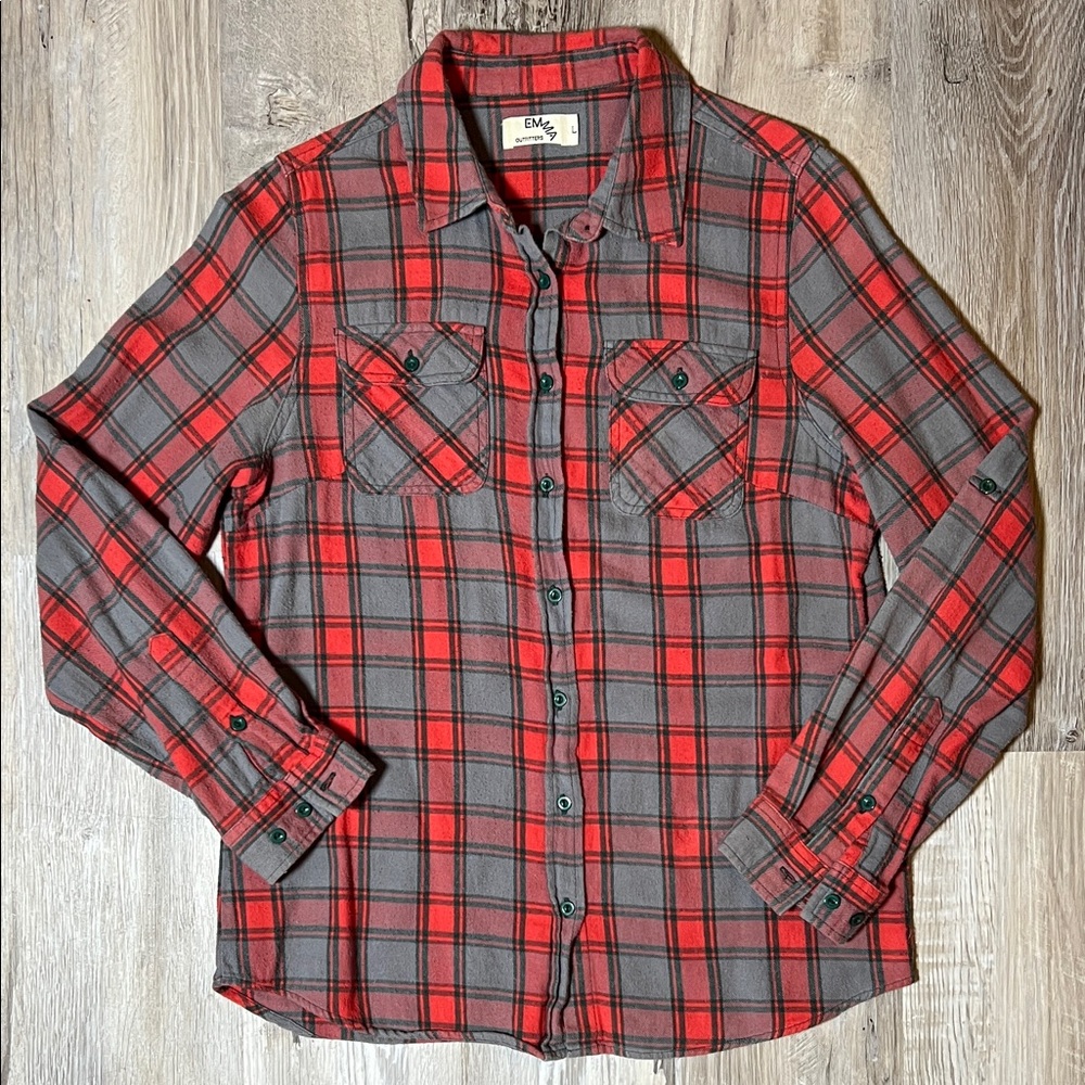 Red and Gray Plaid Button-Up Shirt - Size L (runs small)